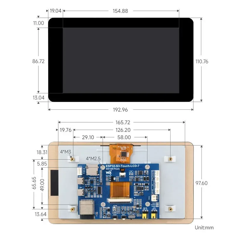 ESP32-S3 tela de toque 7 Polegada módulo placa desenvolvimento 800x480 lx7 processador dual-core 8m flash wifi bt5 paraui lvgl hmi esp32