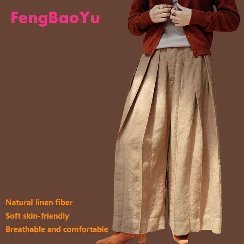 100% Linen Women's Pants Khaki Loose Wide Leg Pants Outdoor Travel Leisure High-end Female End Plus Size Fat Girl Breathable