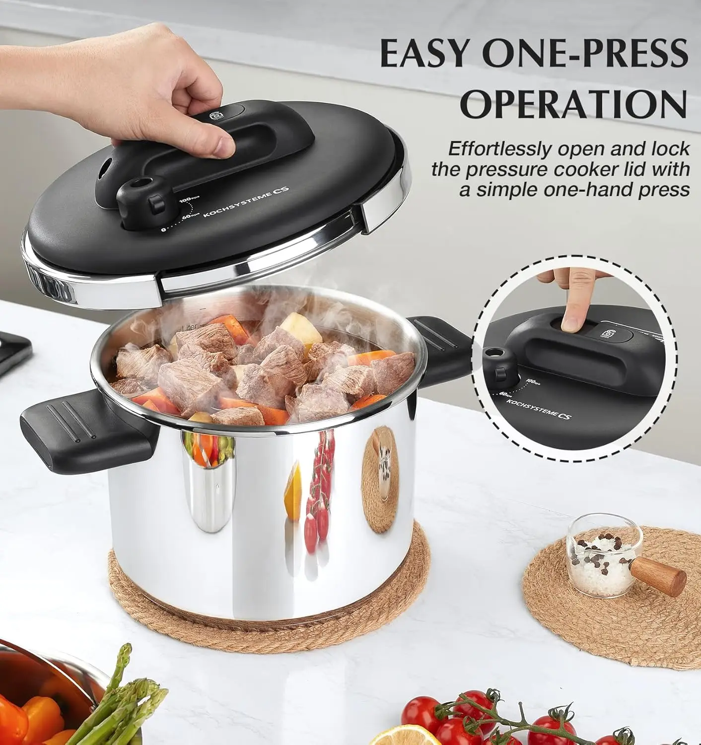 Olla a presión KOCH SYSTEME CS de acero inoxidable, Olla de Presion de 8.5QT, olla a presión con apertura de una presión, cocción rápida