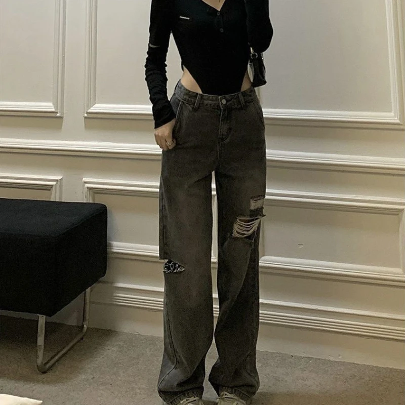 Womens Jeans with Pockets High Waist Shot Trousers Ripped Straight Leg Pants for Women Holes Torn 2000s Y2k Vintage Clothes R A