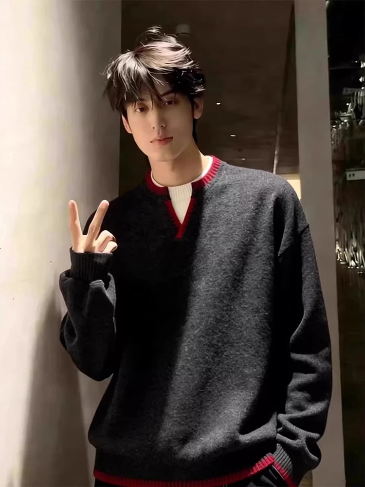 

Men's Thiened Winter Knitted Sweater Fake Two-Piece Color Blo Casual V-Ne Long Sve Inner Wear Base irt Lazy High-E...