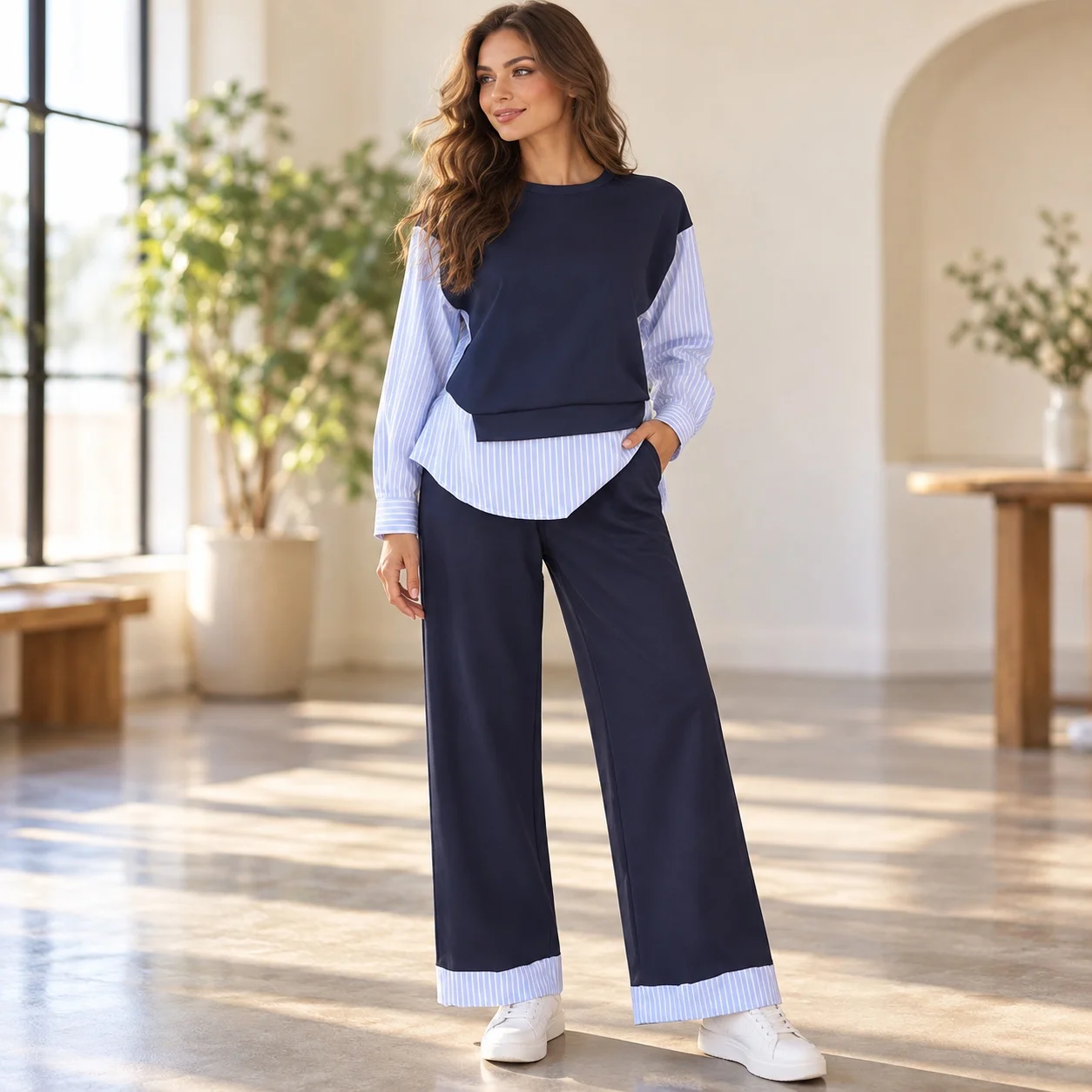 Casual Striped Set Full Length Sweet Fresh Style with Shirt Top Patchwork Construction High Waist Pants Summer Set Women
