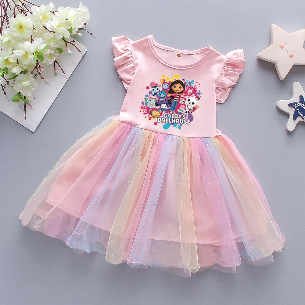 Kids Clothes Summer New Girls Dress Short sleeves Rainbow Princess Dress For Children Baby Cute Birthday Party Clothing 2-8Y