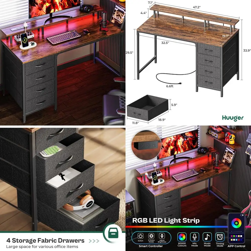 

47 Inch Gaming and Office Computer Desk with Power Outlets, LED Lights, 4 Drawers, and Monitor Stand