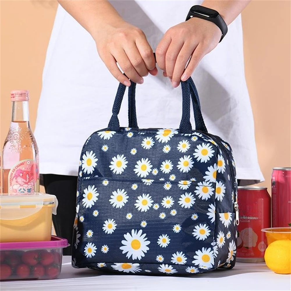 Impermeável Oxford Pano Piquenique Bolsa, isolamento espessado, Bento Pouch, Lancheira De Armazenamento De Alimentos Portátil Sacos, Daisy Impressão Totes