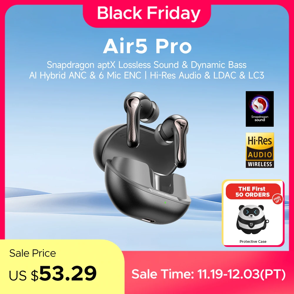 Беспроводные наушники SOUNDPEATS Air5 Pro, 55 дБ, адаптивные гибридные наушники ANC Bluetooth 5.4, Hi-Res LDAC aptX Loseless, 6 микрофонов AI ENC