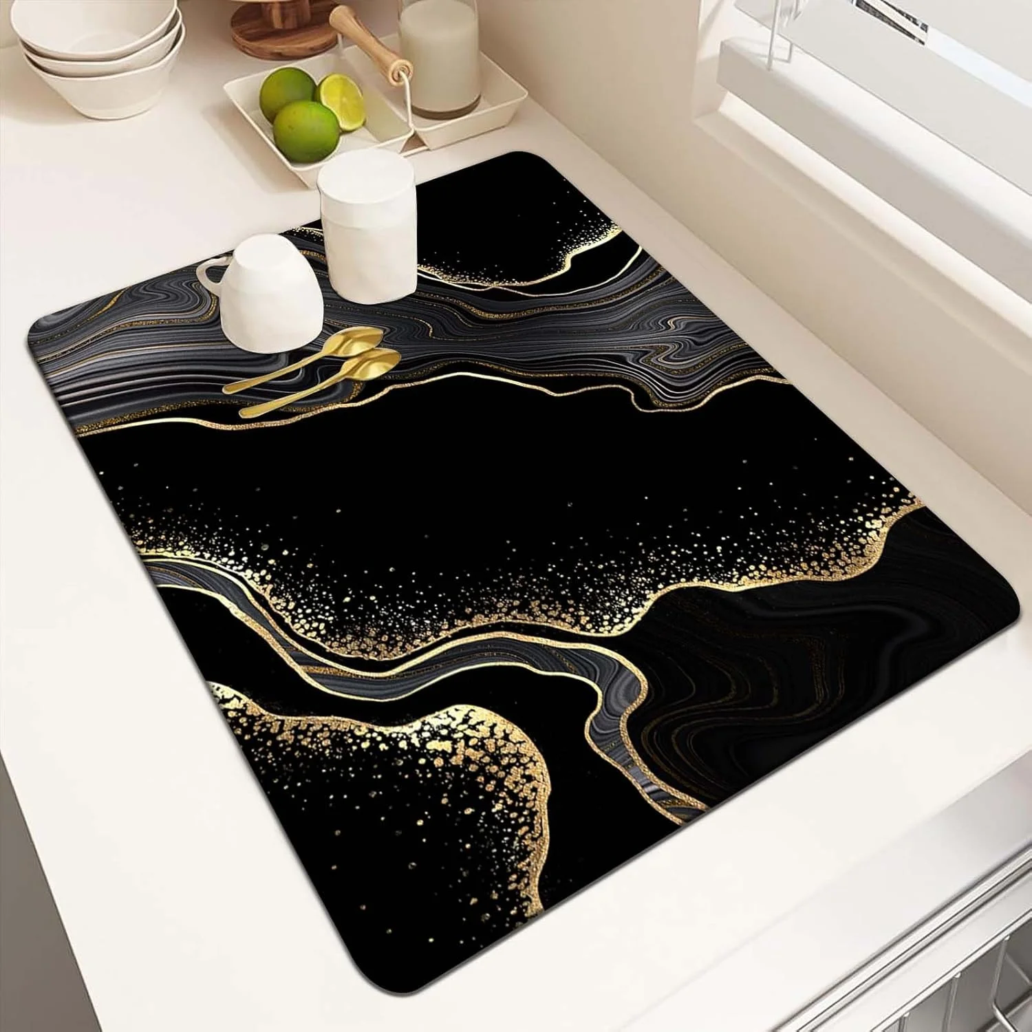 Black Gold Marble Draining Mat for Kitchen Counter Super Absorbent Drying Pad for Coffee Machine Heat Resistant Non-Slip Luxury