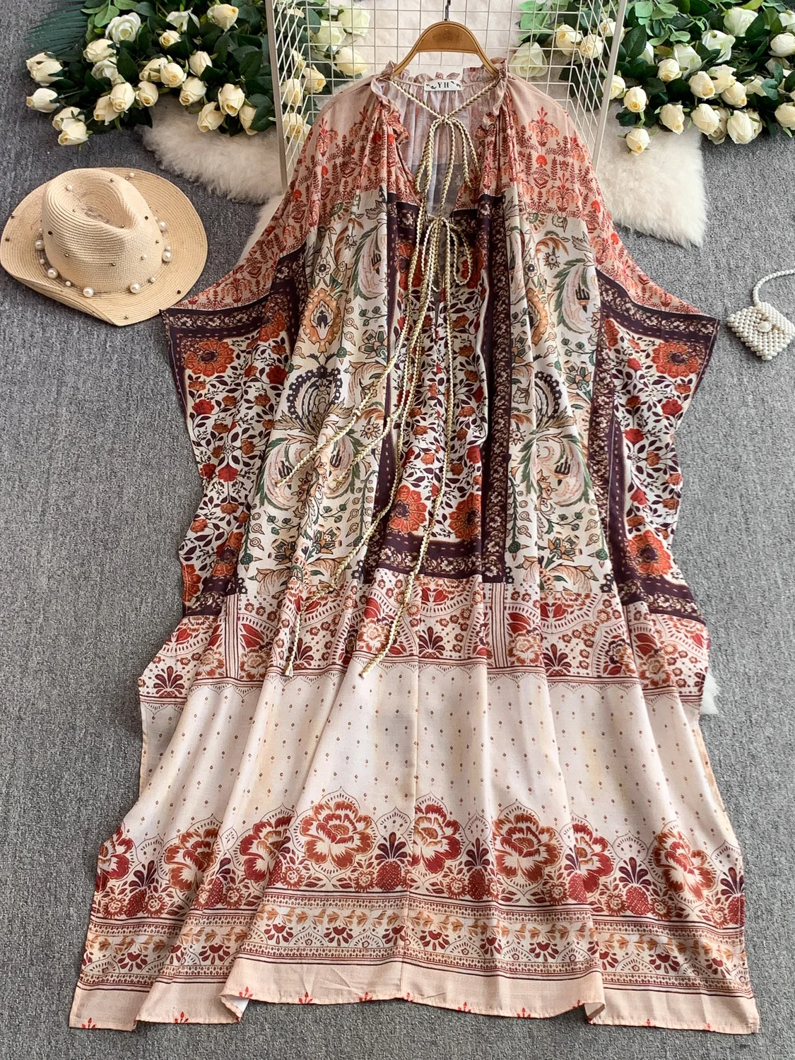 

Sexy V-ne Belted Holiday Dr Women Loose Slimming Asymmetrical Bell Sve Print Dr Ethnic Sle Loose Fit A-line Skirt