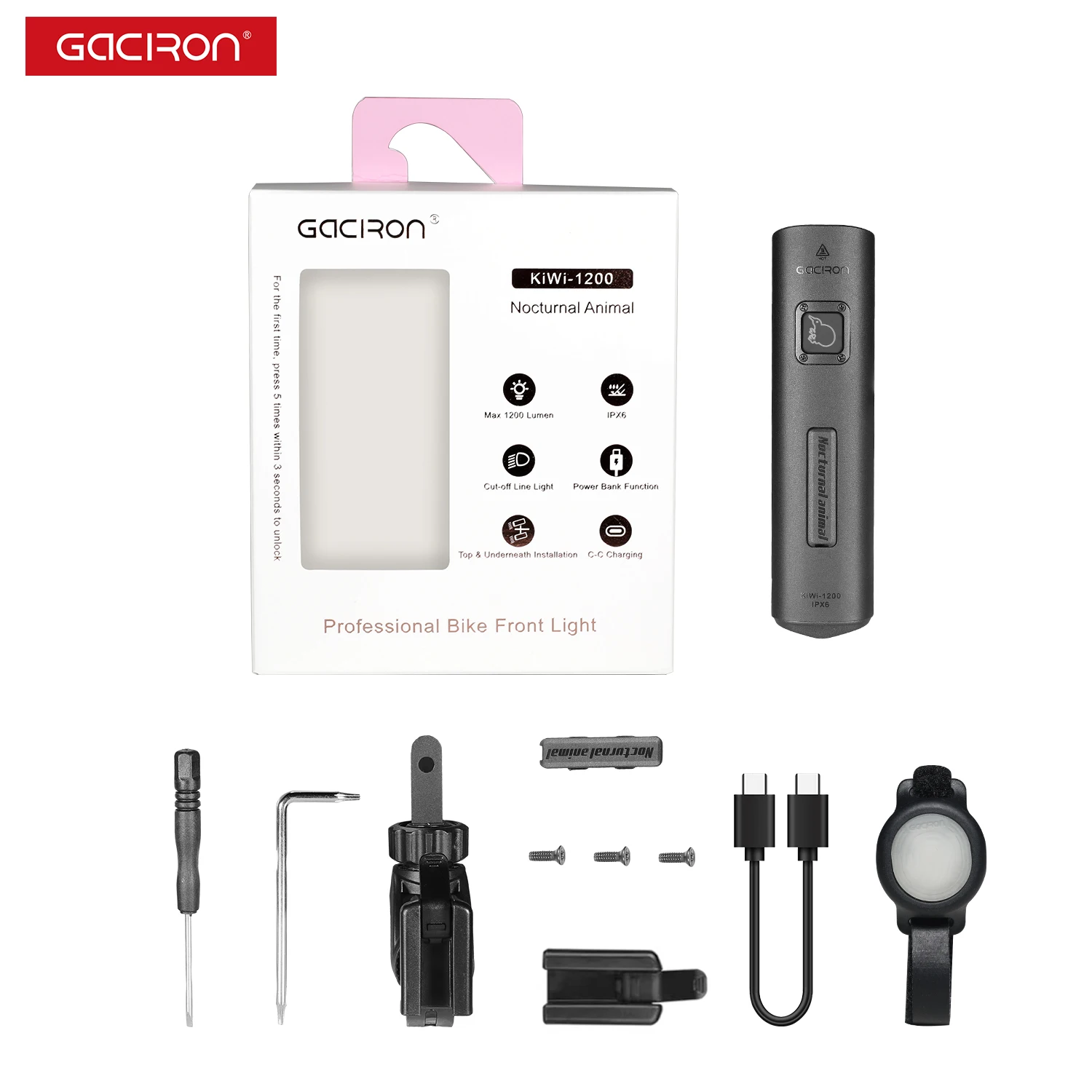 Gaciron-フロントライト1200ルーメンc-c、充電式、アンチグレア、リモコン付き、自転車、サイクリング、LED、オプション用