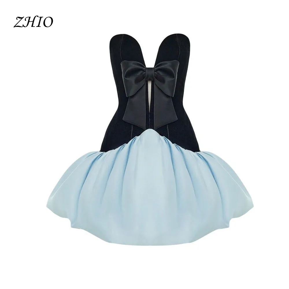 

ZHIO Cute Black And Blue V-Neck Bow A-line Celebration Short Prom Dress Mini Special Occasion Cocktail Party Dress Customized