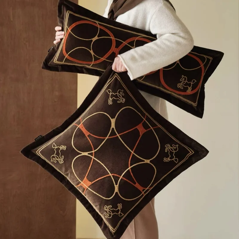 Horse Embroidery Pillows Modern Abstract Geometric Cushion Case Luxury Brown Decorative Pillow Cover For Sofa Chair Home Decor
