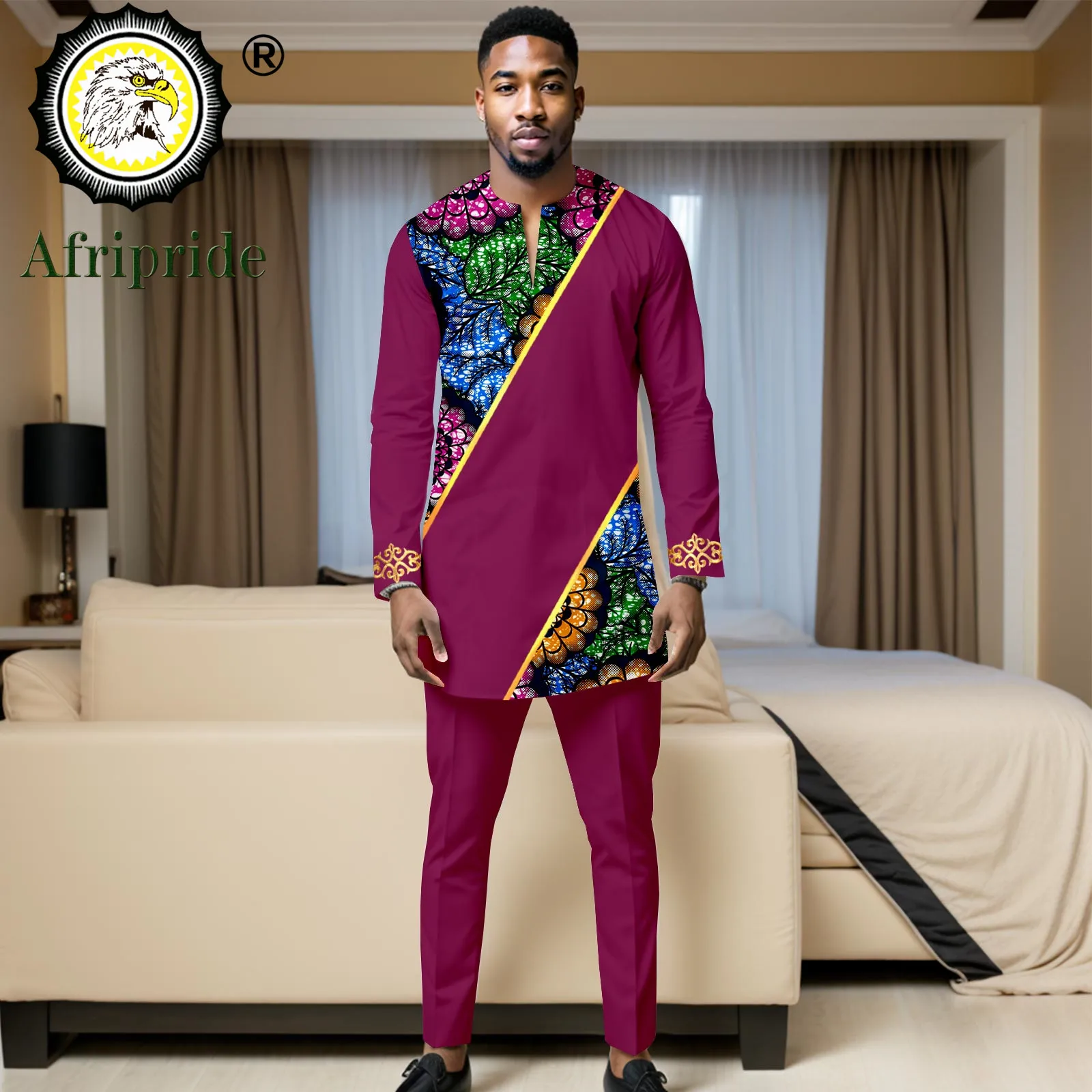 Dashiki Men African Clothes V-neck Embroidery Print Shirts and Pants 2 Piece Set Tribal Outfits Traditional Wear 2416024