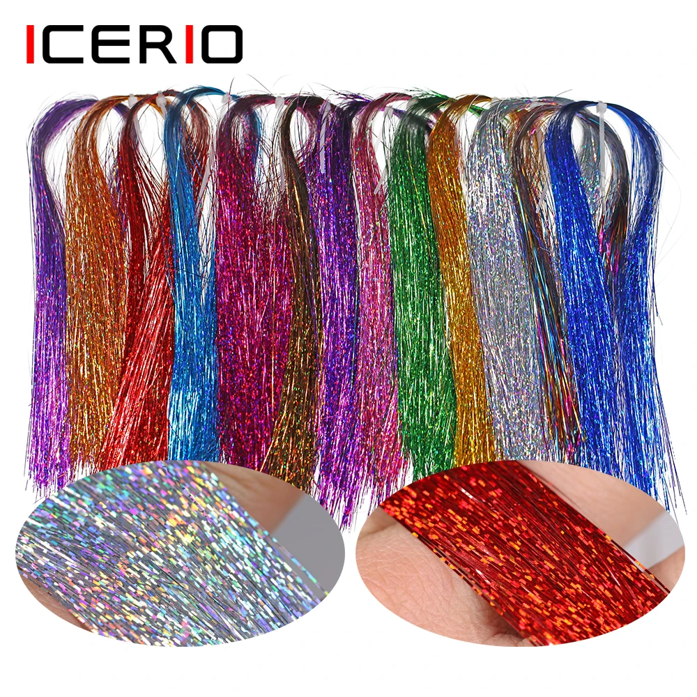 ICERIO 4Packs Soft Holographic Flat Krystal Flash Tinsel Flashabou Fly Tying Material Pike Trout Streamers Jig Fishing Hook Lure