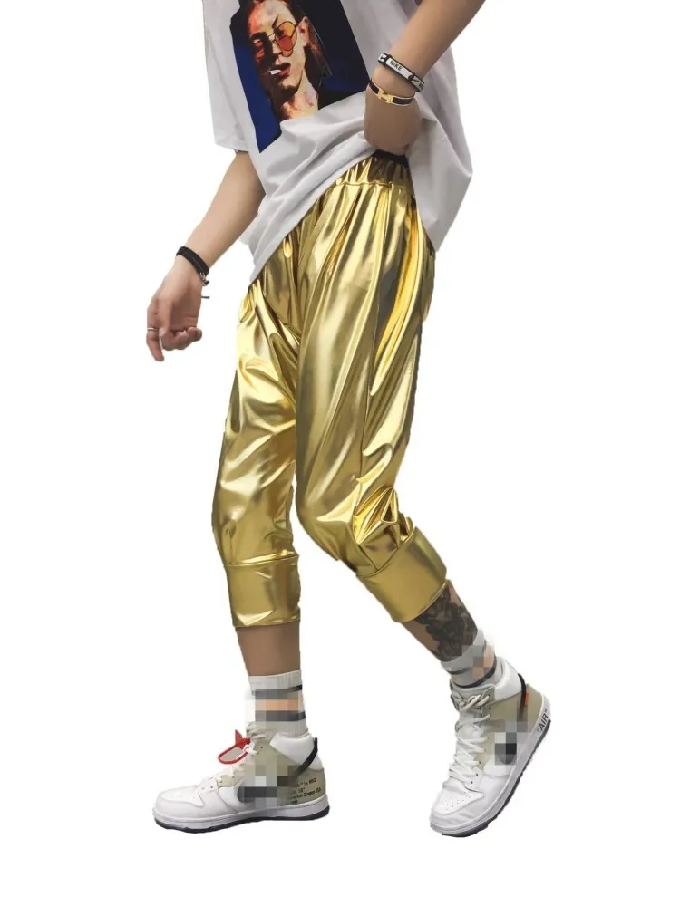 Summer Hip Hop Gold Silver Men Calf-Length Pants Elastic Waist Loose Fit High Street Casual Harem Pants Men Performance Trousers