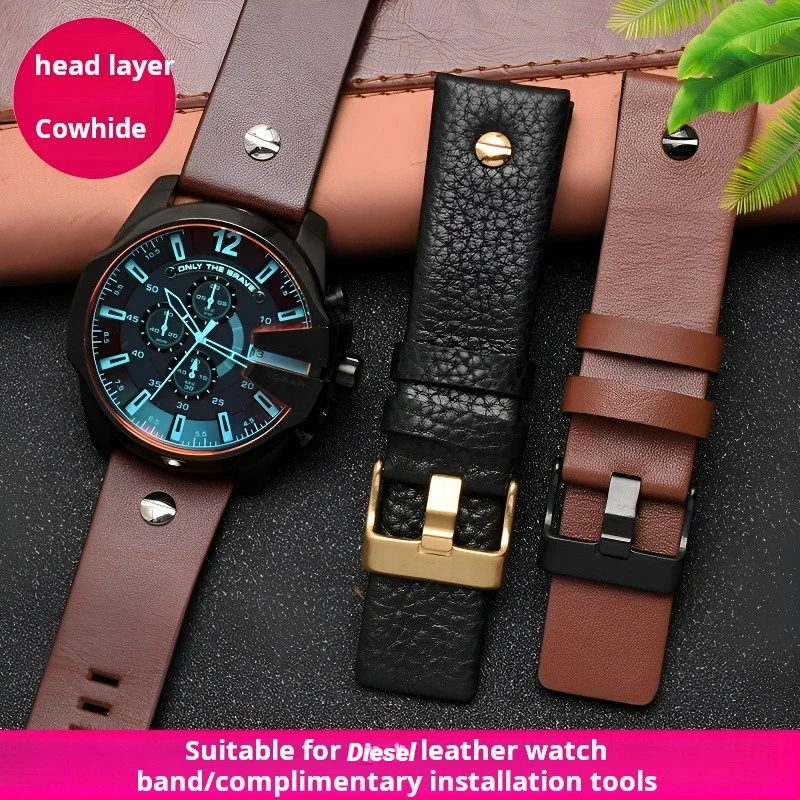 Metal Rivet Watch Band para homens, pulseira para diesel, pulseira de couro genuíno, DZ7257, DZ4343, DZ4459, DZ7311, 4318, 24mm, 26mm, 28mm, 30mm,