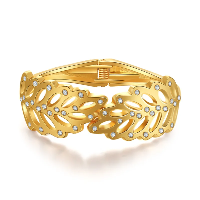 Leaf Shape Wrist Bracelet Palm Cuff Bangle for Women Bridal Wedding Crystal Adjustabl Open Bangle Jewelry