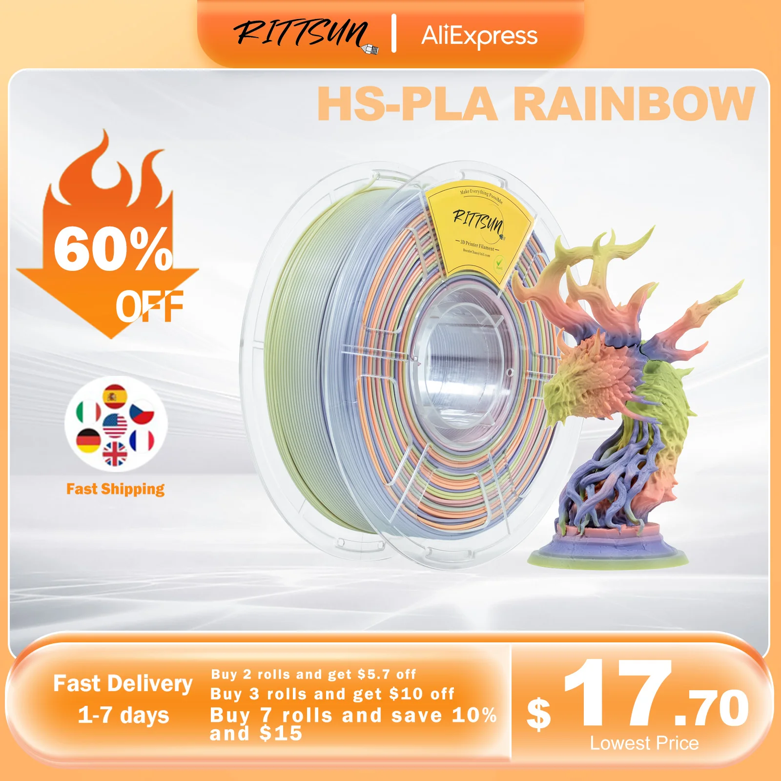 RITTSUN High Speed PLA Rainbow Newest 3D Printer Filament 1KG 1.75mm ±0.03 Diameter High Quality FDM Fast Printing Filament