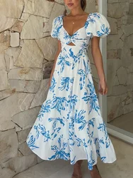 Holiday Vintage Maxi Long Beach Dress for Women 2024 Spring Summer Female Slim-fit Printed Hollow Puff Sleeve Dress Elegant