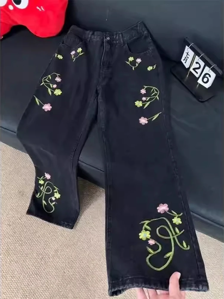 

Cleanfit Floral Embroidery Loose Men's Jeans High Street American Sle Bell Bot Straight Leg Long Trousers