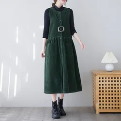 #3389 Autumn Winter Corduroy Dress Women Sleeveless Vintage Tank Top Dresses Loose Single Breasted A-line Midi Dress Pockets