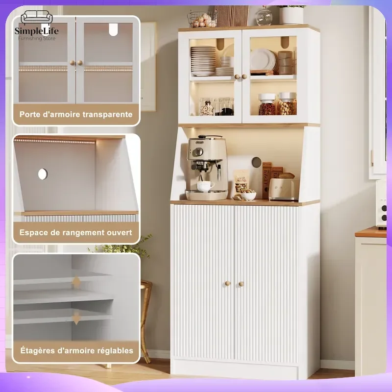 Modern 70x40x180cm Kitchen Sideboard Cabinet with Worktop Storage Shelves LED Light Glass Doors Dining Room Buffet Cabinet