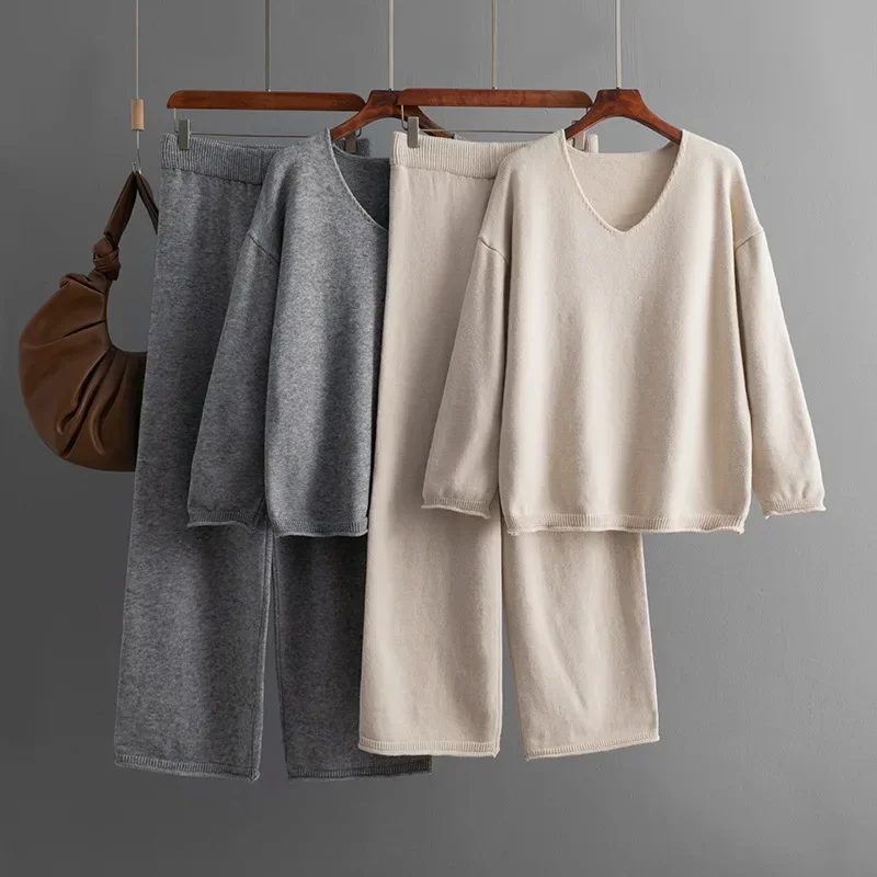 2024 New Fashion Elegant Solid Color Pants Suit Autumn Winter Loose High Waist Warm Casual V-neck Sweater Women Two-piece Set