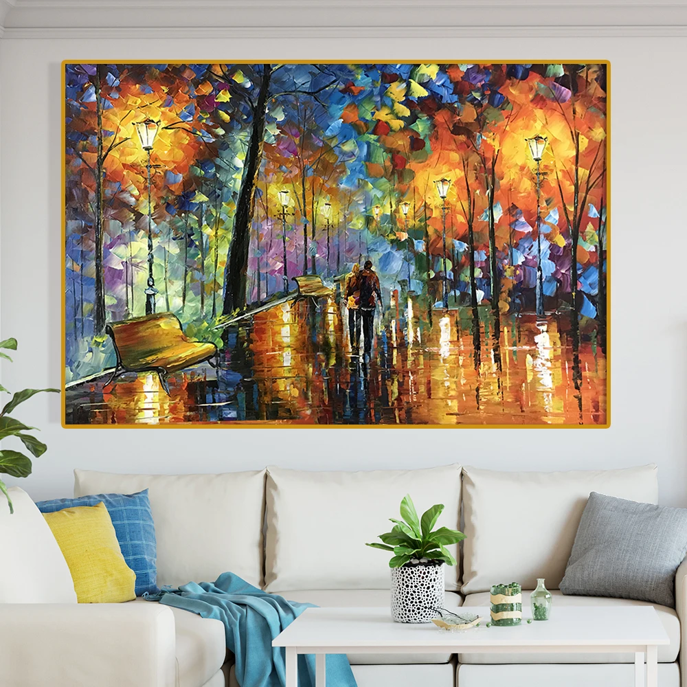 Large Handpainted Night Street View Landscape Acrylic Oil Painting on Canvas,Wall Art,Picture for Living Room,Home Decor Artwork