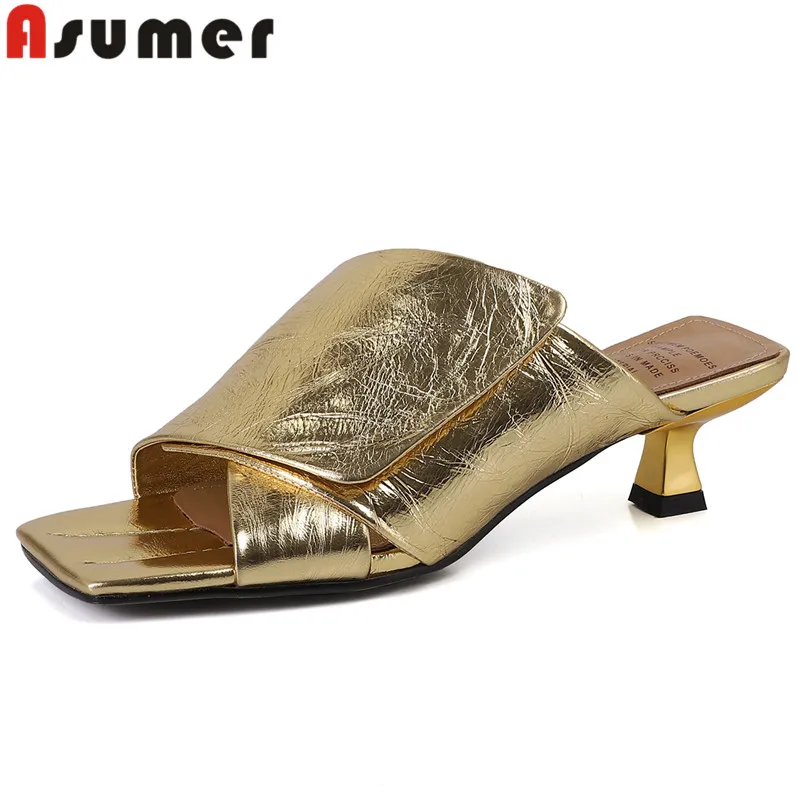 ASUMER 2024 Size 33-41 New Genuine Leather Women\'s Slippers Thin Med Heels Slippers Square Toe Cool Ladies Outside Slippers