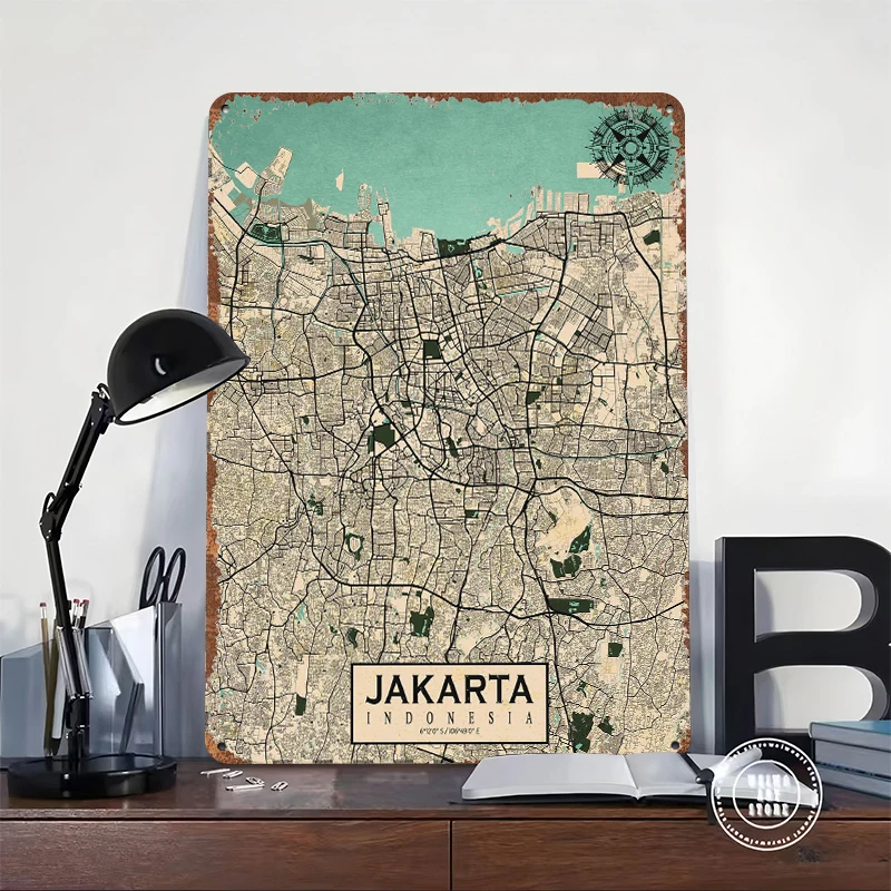 자카르타 도시 지도 빈티지 금속 포스터 맞춤형 벽 장식 - Home Decor Jakarta 리뷰 및 가격