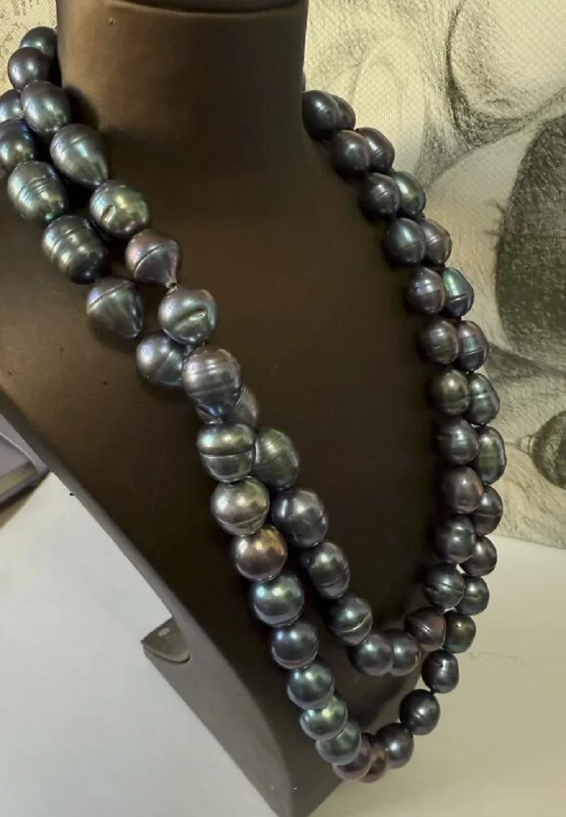 stunning huge 10-13mm tahitia baroque black green pearl necklace 35inch 925s