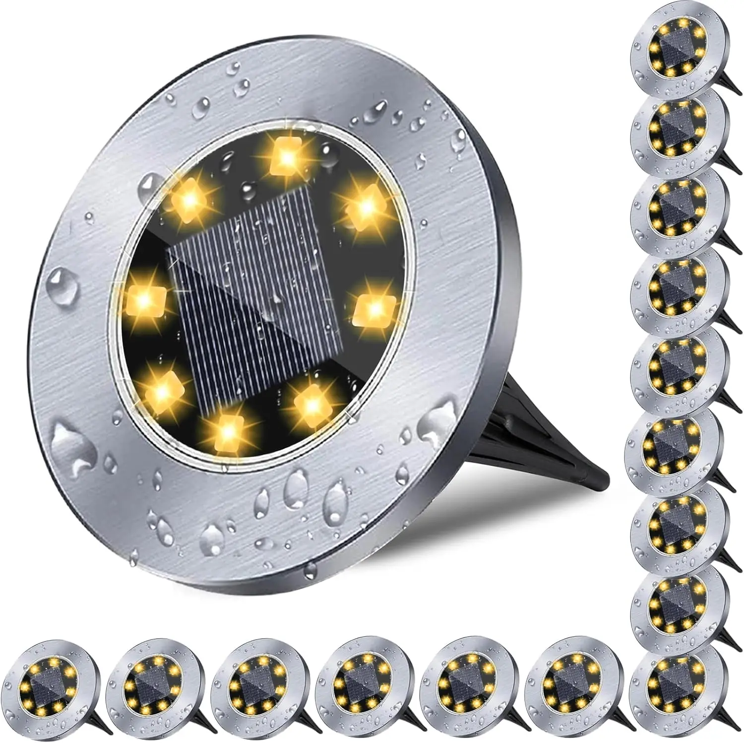 

16 Pack Solar Ground Lights, 8 LEDs, Waterproof, Auto On/Off, Warm Light for Pathway, Yard, Lawn