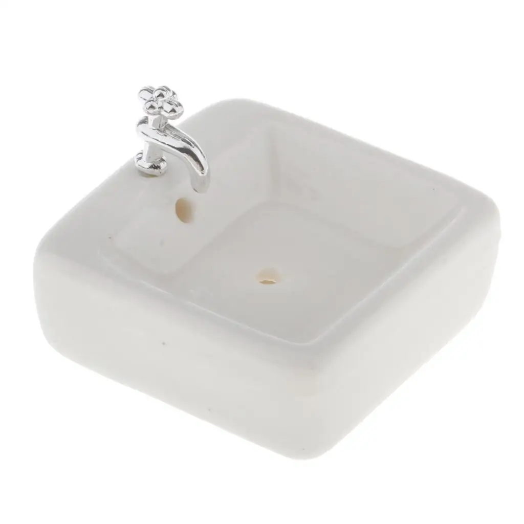 White Ceramic Miniature Square Wash Basin 1 12 Dollhouse Bathroom Sink Model for Room Box Accessory