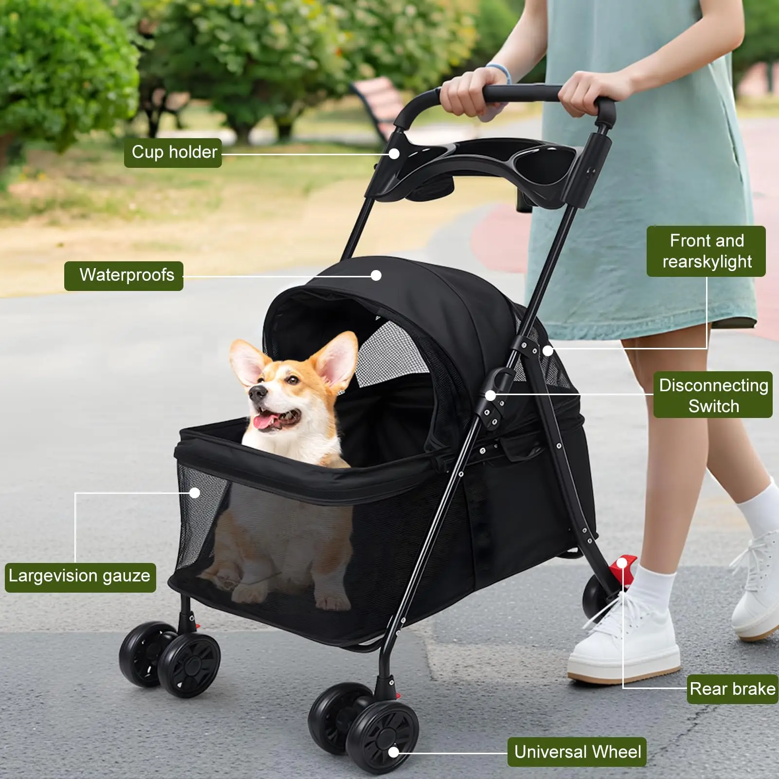 3 In1 Premium Pet Stroller Foldable Medium Size Dog Buggies with Luxury Style 4 Wheels Steel Frame Small Dogs Cats