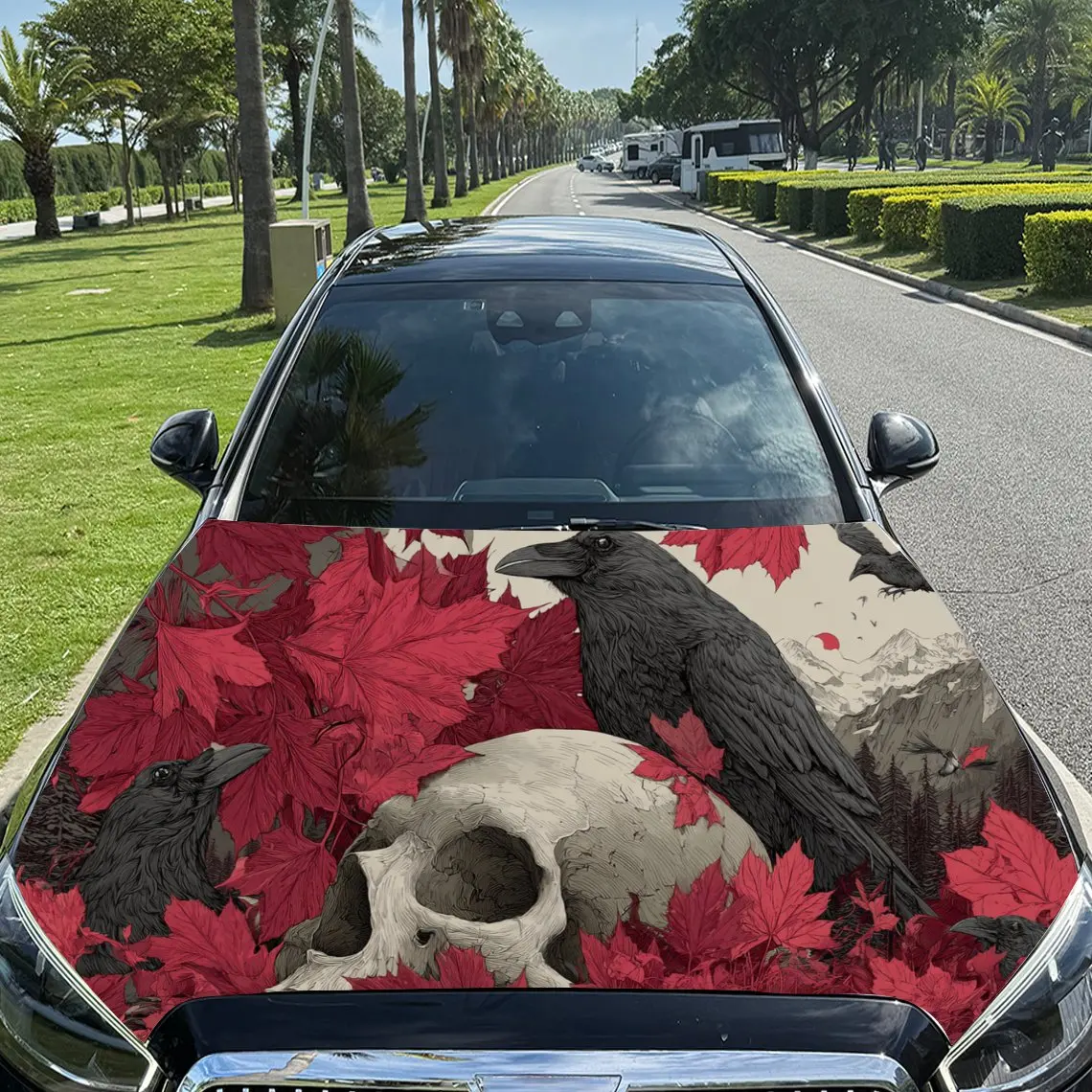 

Red Flowers, Crows, And Skeletons PVC Car Vinyl Wrap - Self-Adhesive Waterproof Hood Decal Sticker,Durable Protection For Trucks