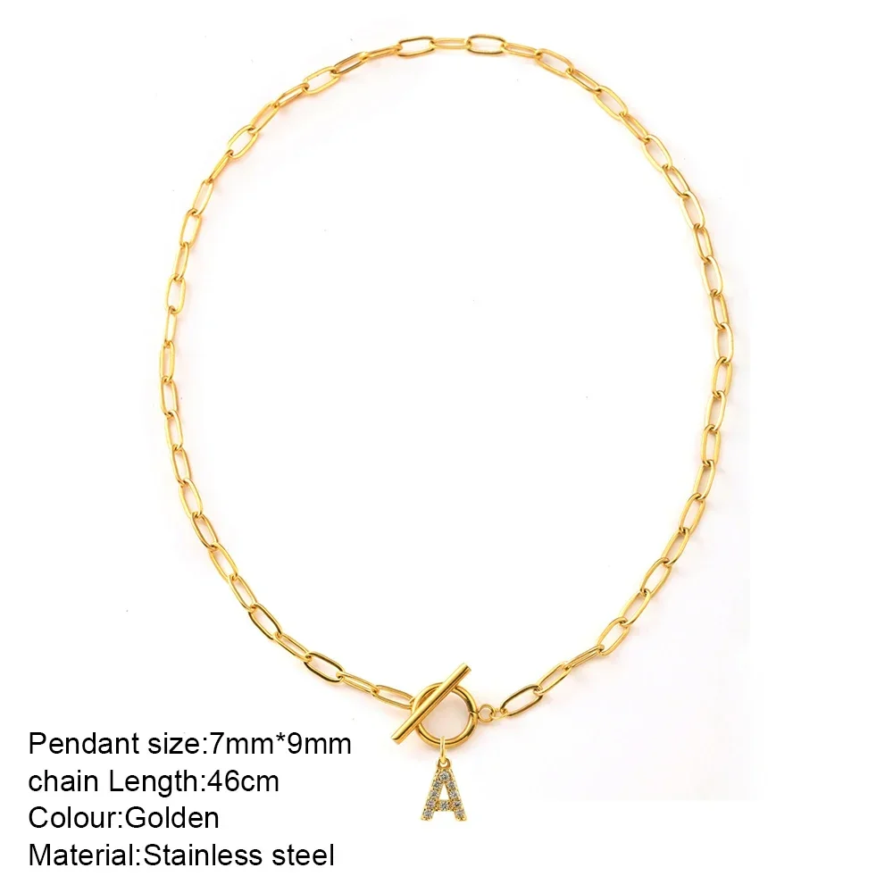 CZ Initial Letter Chunky Chain Necklace OT Clasp Pendant Necklace Stainless Steel A-Z 26 Letter Series Toggle Clasp PVD Jewelry