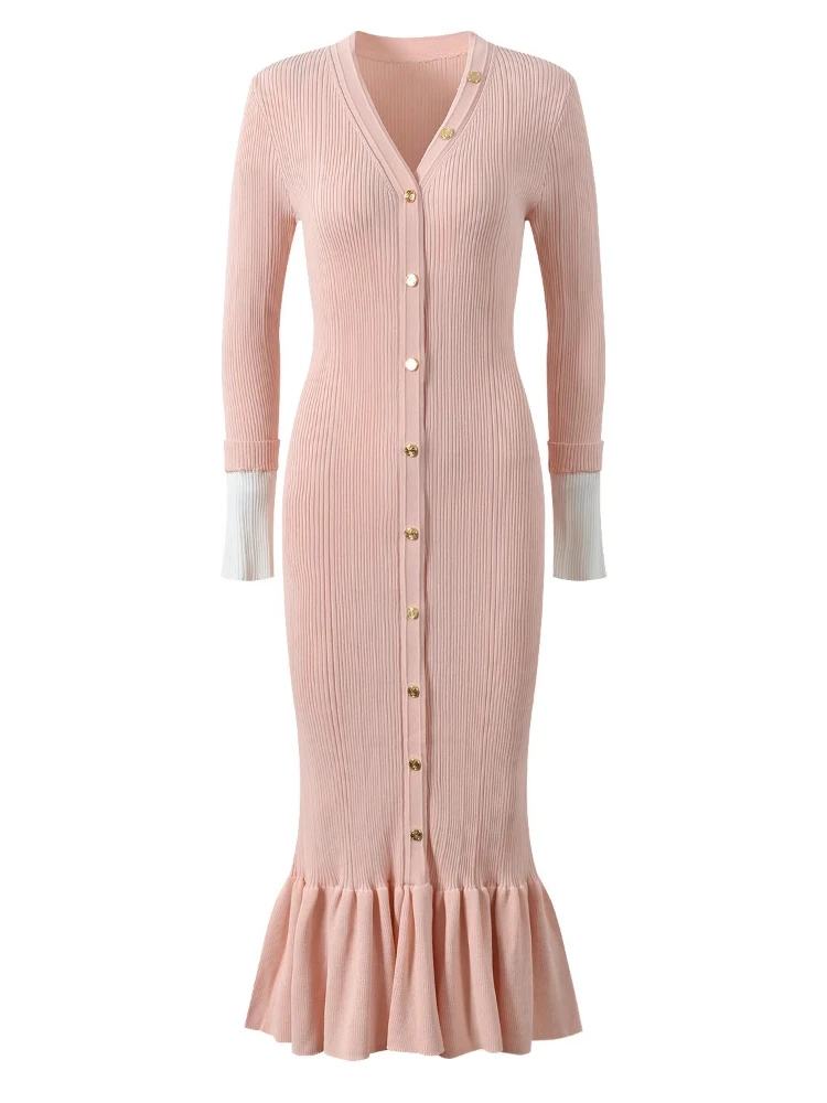 Vrouwen elegante gebreide jurk lente herfst sexy v-hals enkele rij knopen fishtail jurken lange mouwen Bocydon jurk vestidos