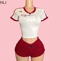 HLJ American Vintage Letter Y2K Tshirts Two Piece Sets Women V Neck Short Sleeve Crop Top And Ruched Shorts Outfits Streetwear