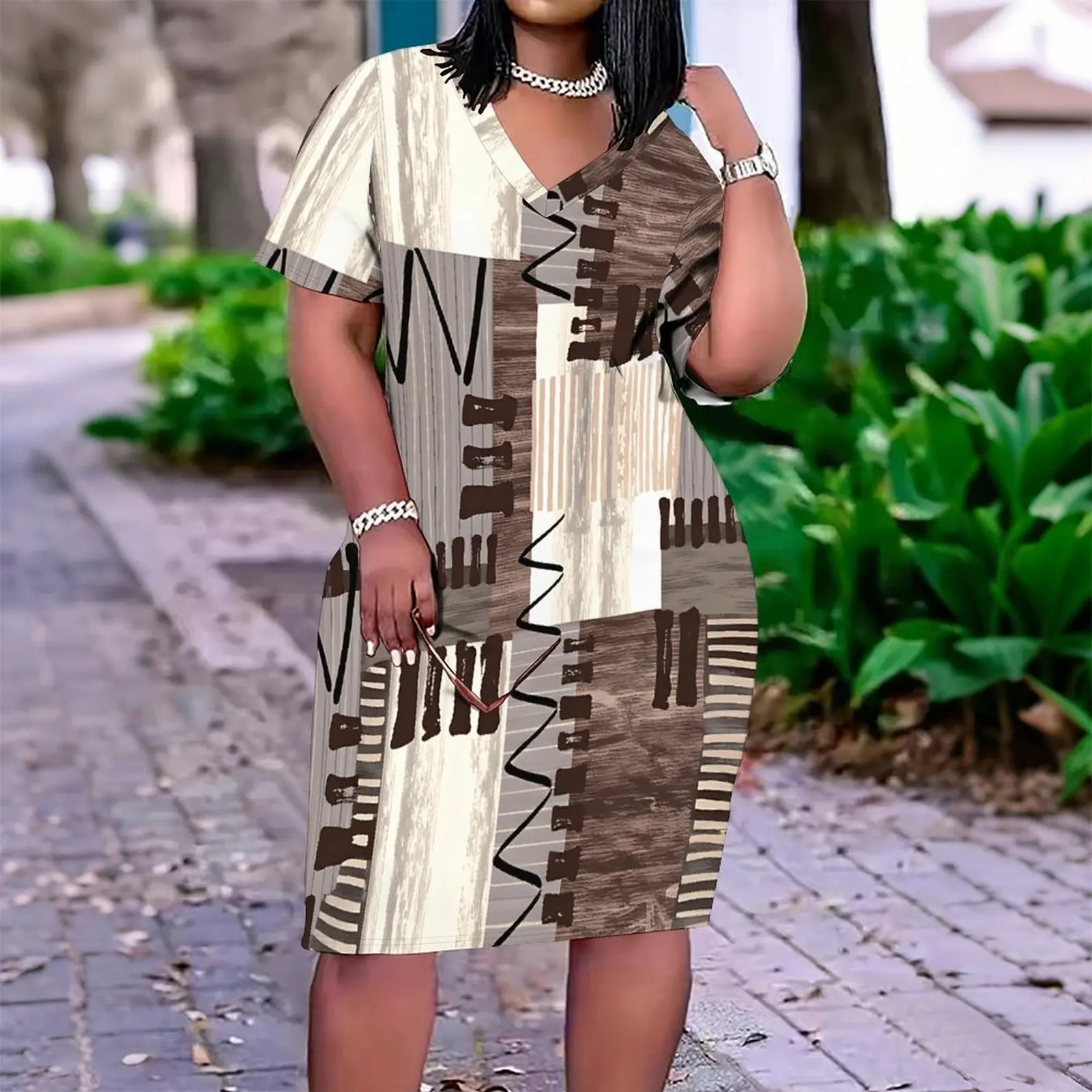 Fashion Elegant Party Dress Sexy Mini Skirt Women's Casual Slim Skirt Plus Size Printed Short Sleeved V-neck Dress
