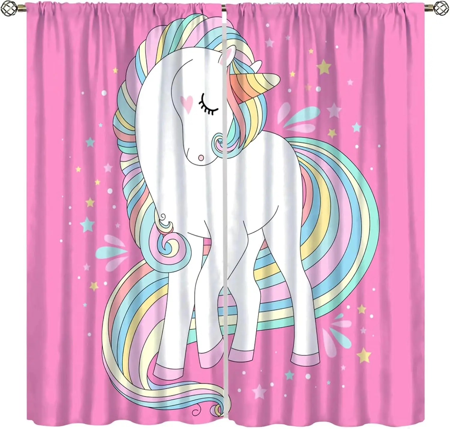 Cute Unicorn Blackout Curtain Hot Pink White Pony Rainbow Mane Tiny Star Rod Pocket Panels Lovely Toddler Girl Bedroom Decor