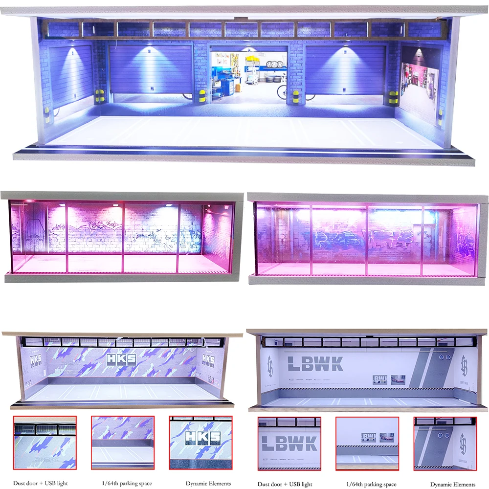 Diorama de Garaje para Autos a Escala 1/64, Modelo con Luces LED, Escena de Calle Urbana, Modelo de Exhibición, Regalo para Modelos Hot Wheels
