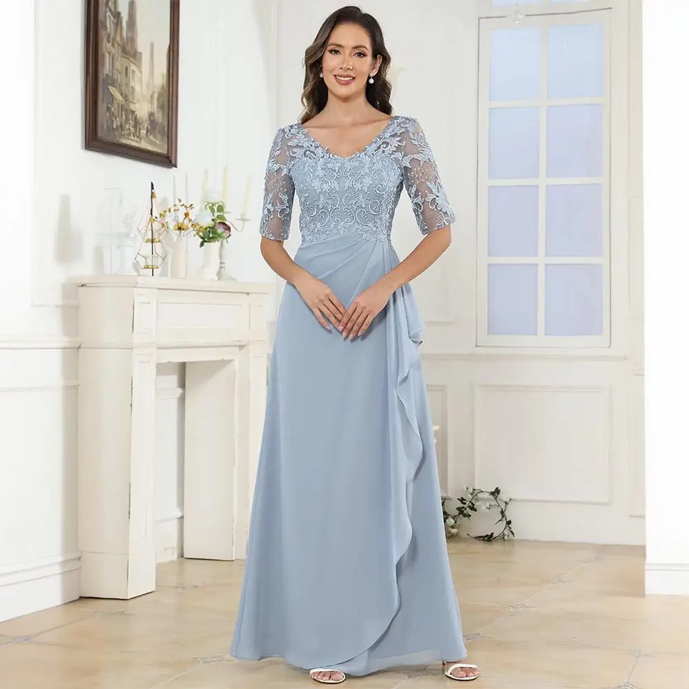 

VICTORIA Ruffle Mother of The Bride Dress Customized 2025 A-Line V-Neck Lace Applique Formal Wedding Guest Party Dress for Women