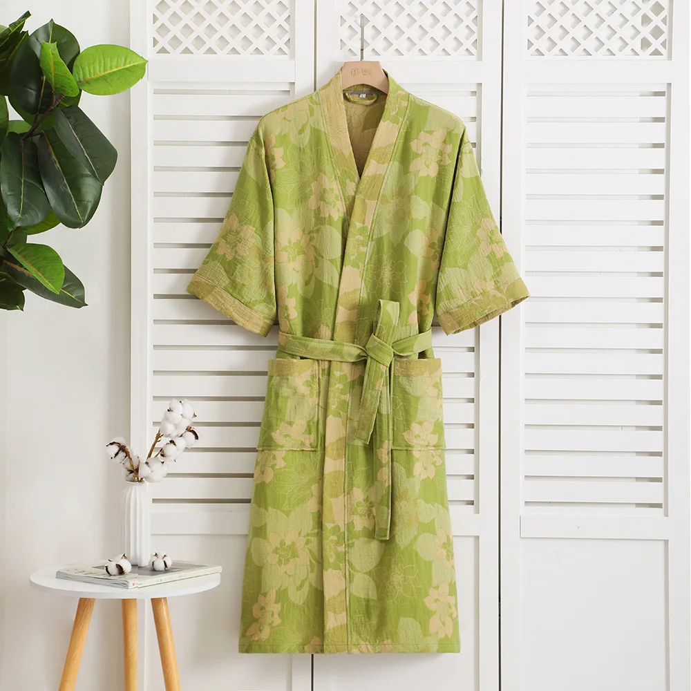 2024 Summer Couple Dressing Gown Vintage Loungewear Double Layer Gauze Bathrobe Men Shower Robe Women V-neck Kimono Sleepwear