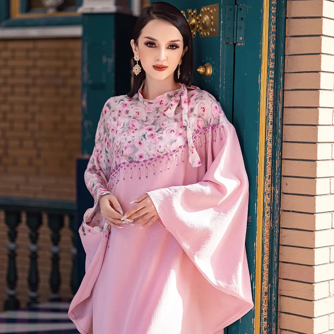 Ba5139 Abito da donna con maniche a pipistrello Abaya stampato rosa 2025 Abito lungo musulmano Abito Abaya Ramadan Dubai Lusso Islam Elegante