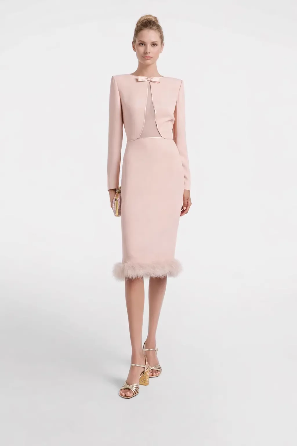 

Sexy Women's Patchwork Mesh Dress Elegant Ladies Silk Midi Dress Fashion Feathers Pink Sheath Dress Long