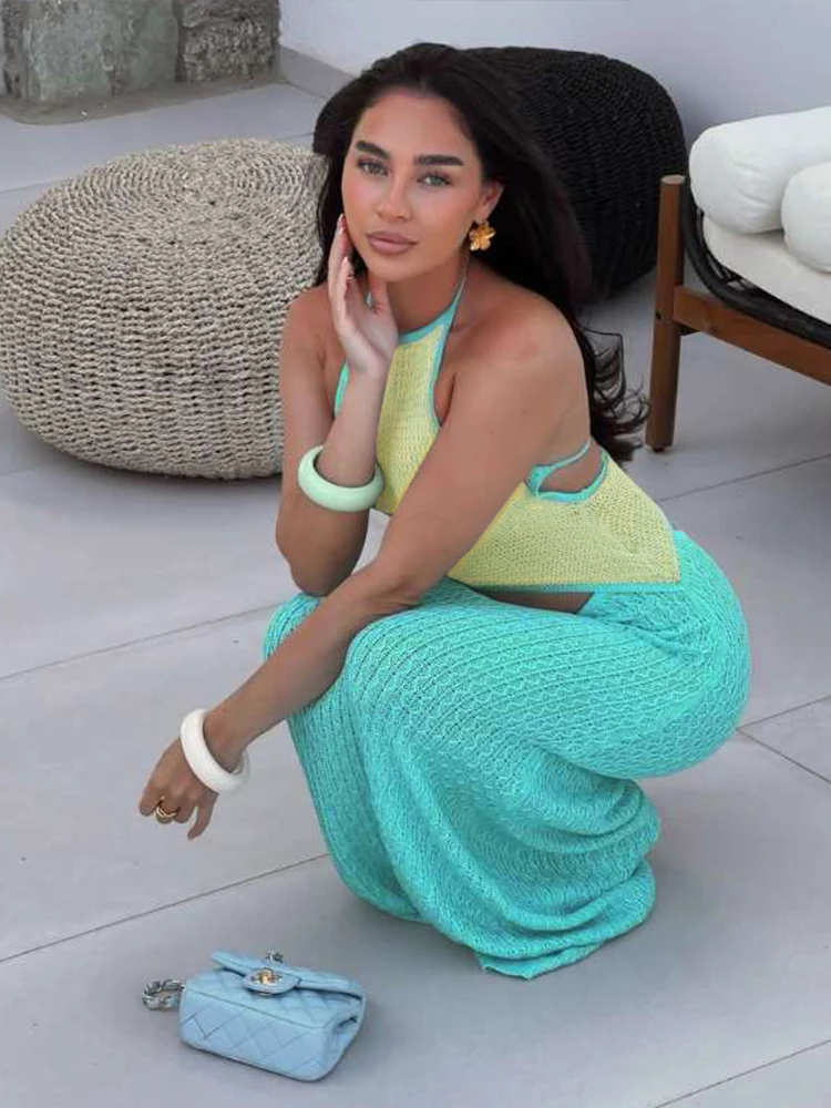 

InGrily Beach Women 2 Piece Set Crochet Sleeveless Irregular Backless Halter Tank Tops+Maxi Skirts Vacation Matching Clubwear