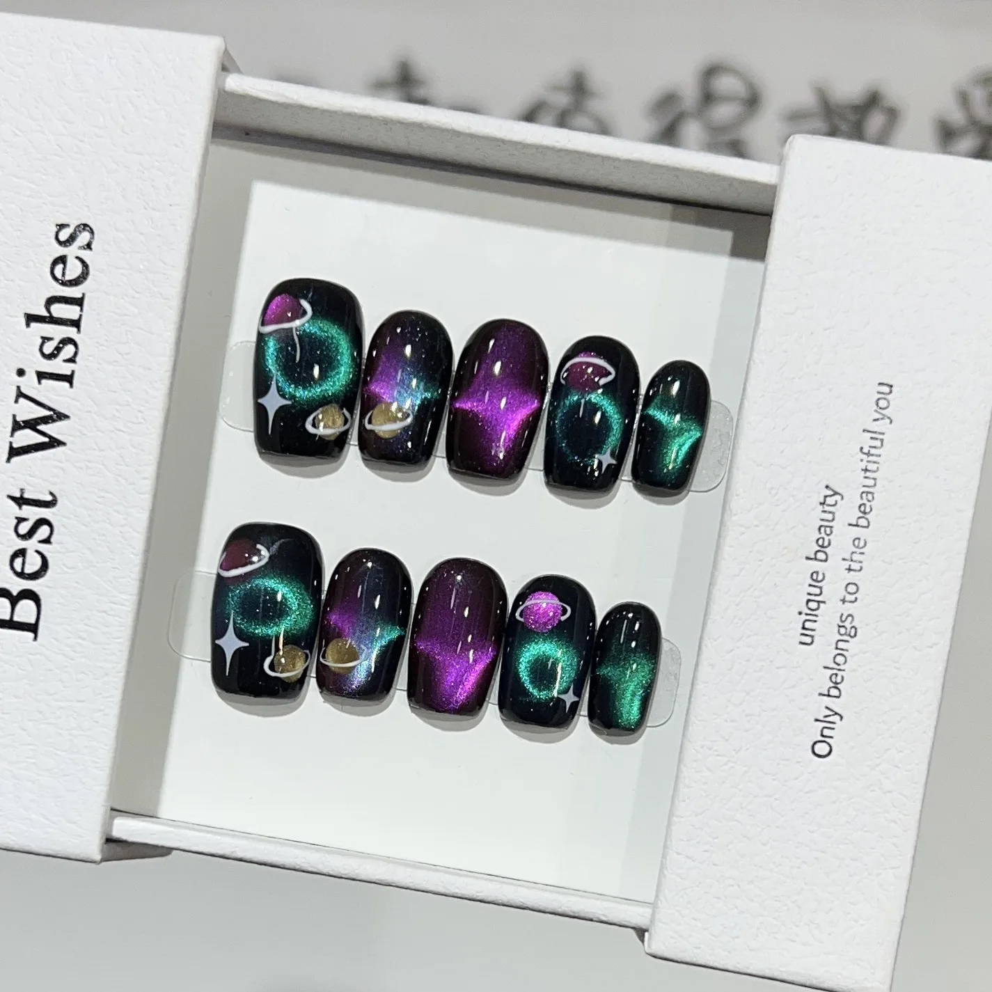 10Pcs Handmade Black Cat Eye Press on Fake Nails Wearable Hand Painted Aurora Starry Planet False Nail Wearable Nails Tips Art