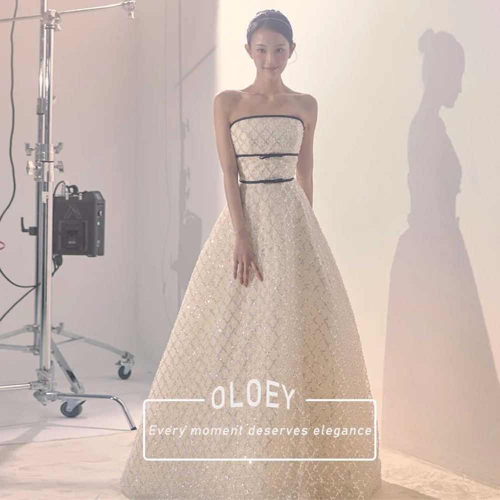 OLOEY Luxury Sequined Lace Korea Wedding Dresses Black Bow Strapless A-Line Bridal Gown Customized 2026 Robe De Mariée