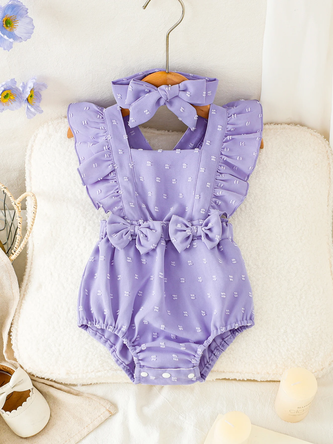 Lavender Swiss Dot Baby Girl Romper with Double Bows, Ruffle Sleeves, Open Back Straps, Comes with Matching Bow Headband