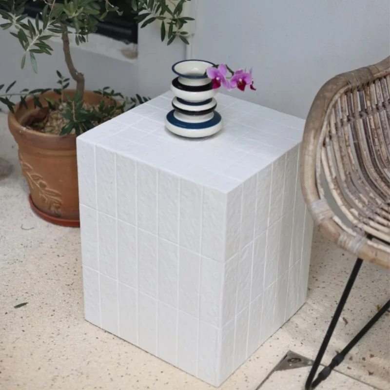 White Minimalist Mosaic Pattern Bathroom Side Table Geometric Corner Table Sofa Living Room Modern Coffee Table