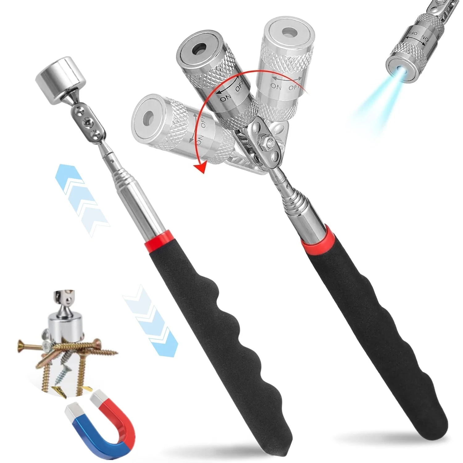 Telescoping Magnetic Pickup Tool with Light Rotatable Telescopic Strong Magnet Stick LED Picker Pen Useful for Hard-to-Reach